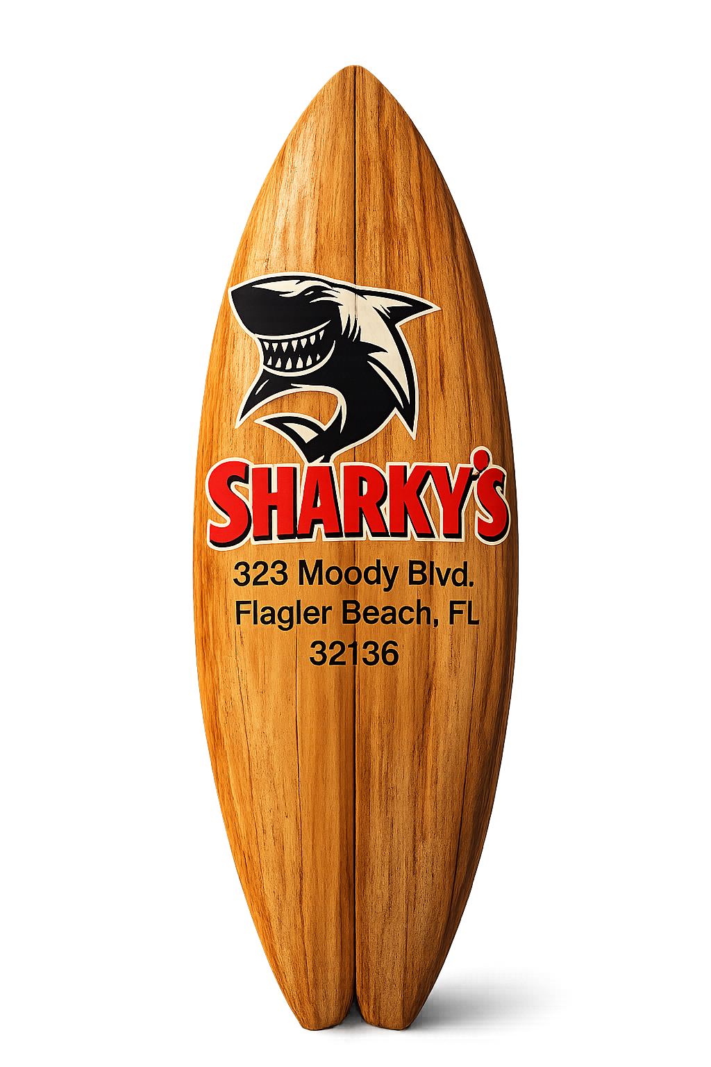 Sharky's branded wooden surfboard with shark logo